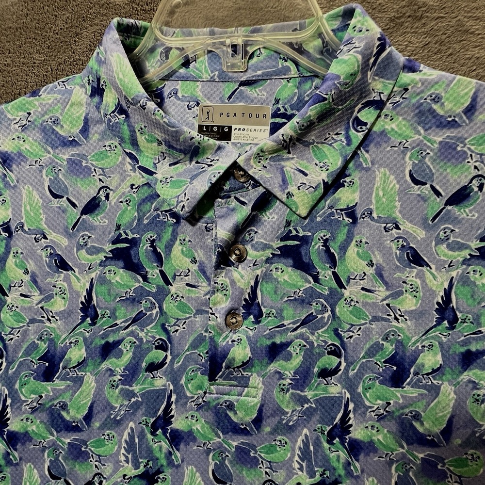 PGA Tour Golf Polo Shirt Mens Large Blue Floral Pro Series Athletic Fit